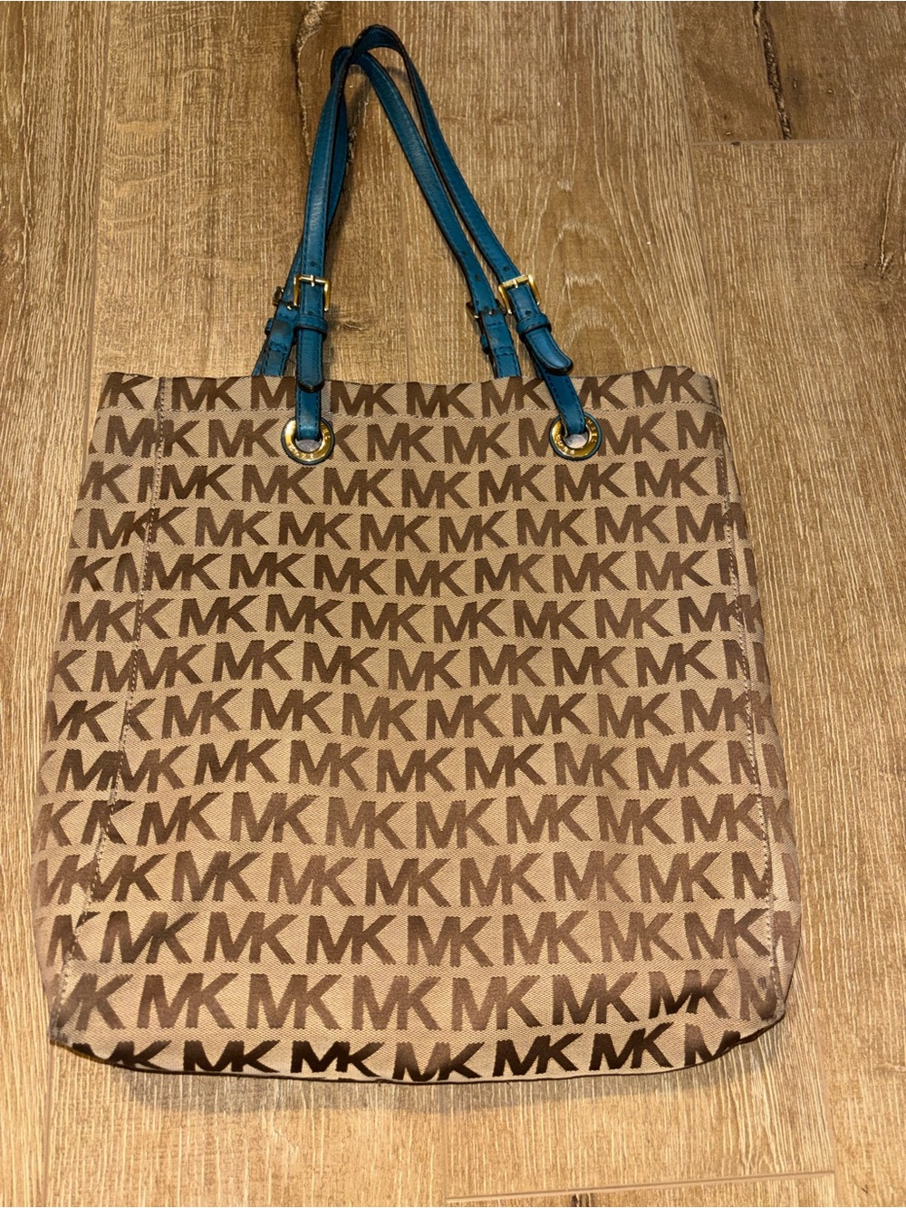 Michael Kors Brown MK Signature Tote with Teal Straps